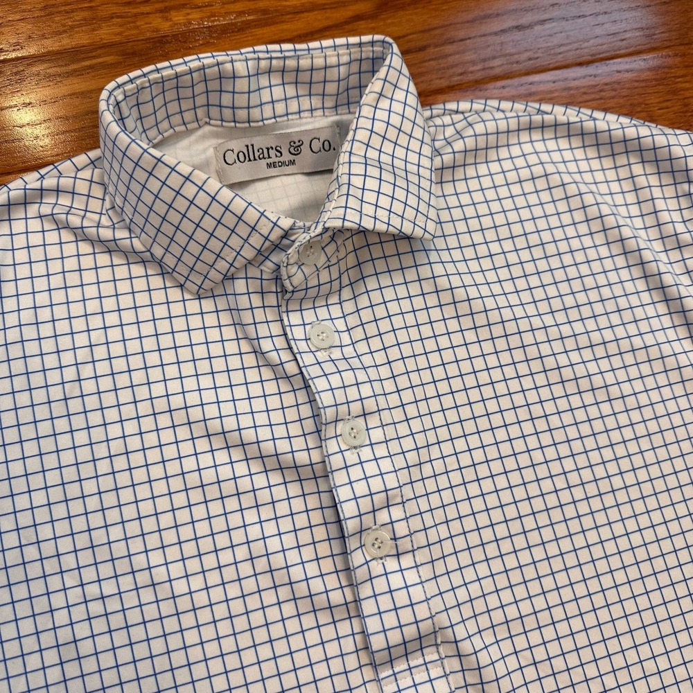 Collars & Co Dress Collar Polo Shirt Mens Medium White Blue Check Stretch